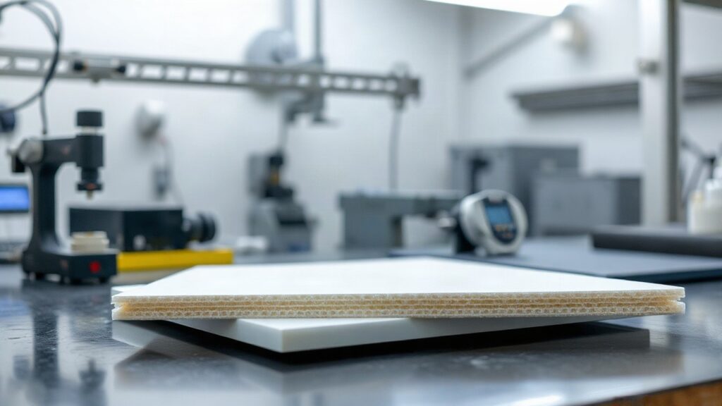Das Bild zeigt eine Sandwichstruktur für den Leichtbau im E-Auto mit sichtbarem Schaumkern in einem Labor – Symbolbild, KI-erzeugt