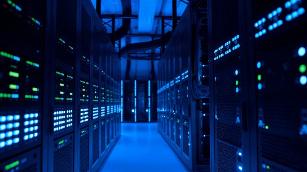 Ein Serverraum mit blau leuchtenden LED-Anzeigen symbolisiert die Recheninfrastruktur hinter der neuen Meta KI – Symbolbild, KI-erzeugt