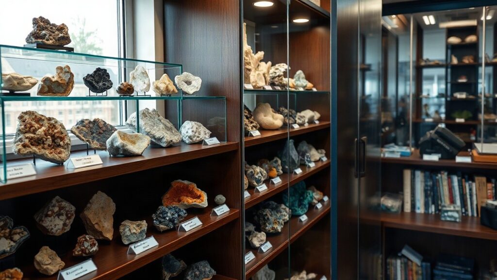 Vitrine mit Mineralien und Kristallen zeigt einen Ausschnitt aus dem geowissenschaftlichen Erbe einer Universitätssammlung – Symbolbild, KI-erzeugt