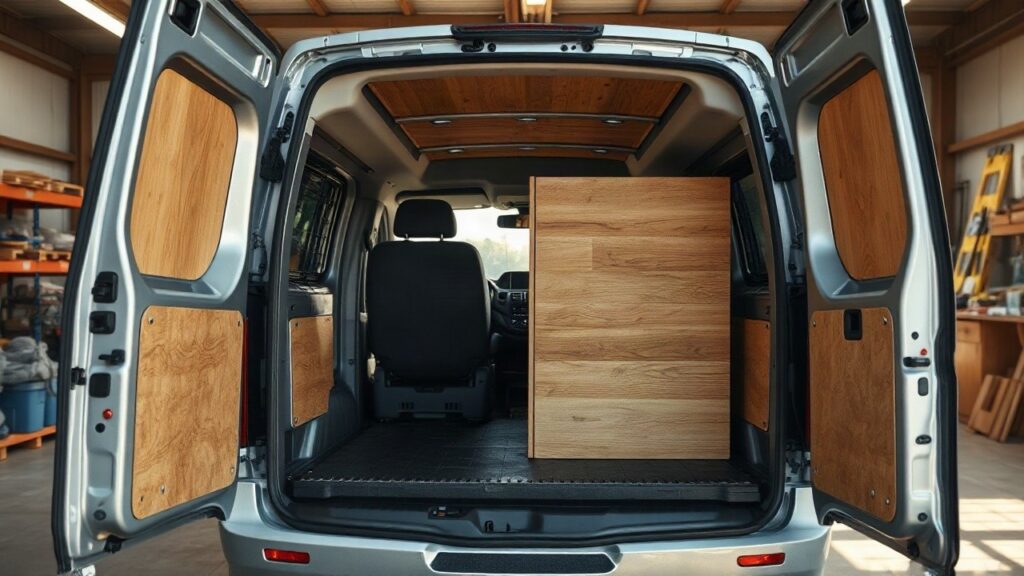 Modulares Klicksystem aus Holz und Aluminium für den Moxi-Camper, montiert im offenen Laderaum eines Familienvans – Symbolbild, KI-erzeugt