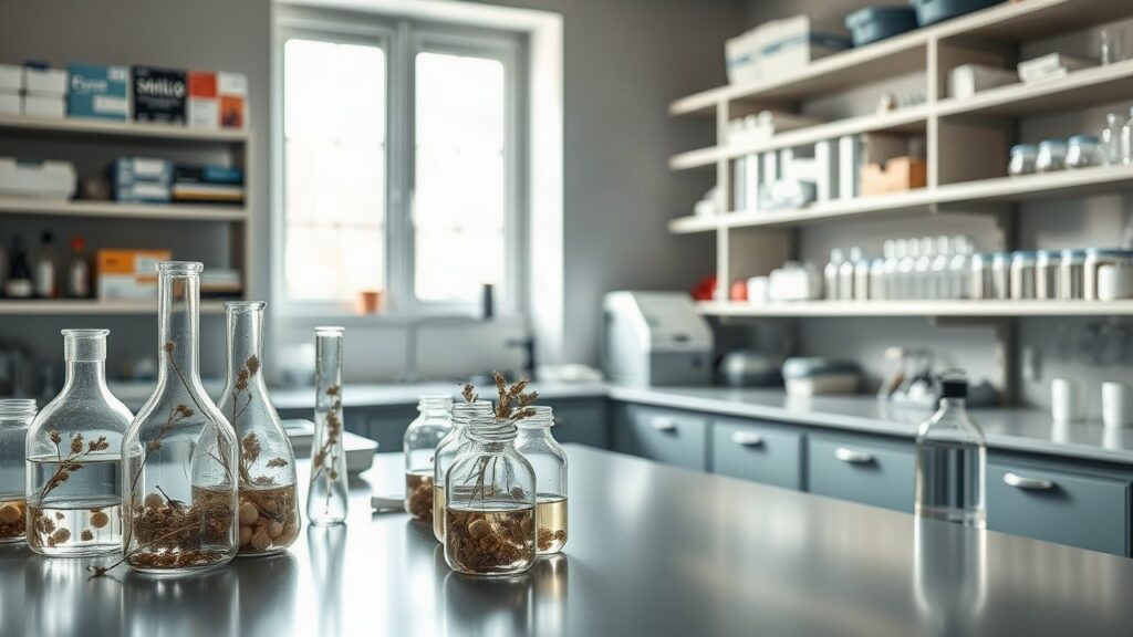 Laborarbeitsplatz mit Reagenzgläsern und Pflanzenproben symbolisiert die Naturstoffforschung Preis-Ausschreibung der DECHEMA – Symbolbild, KI-erzeugt