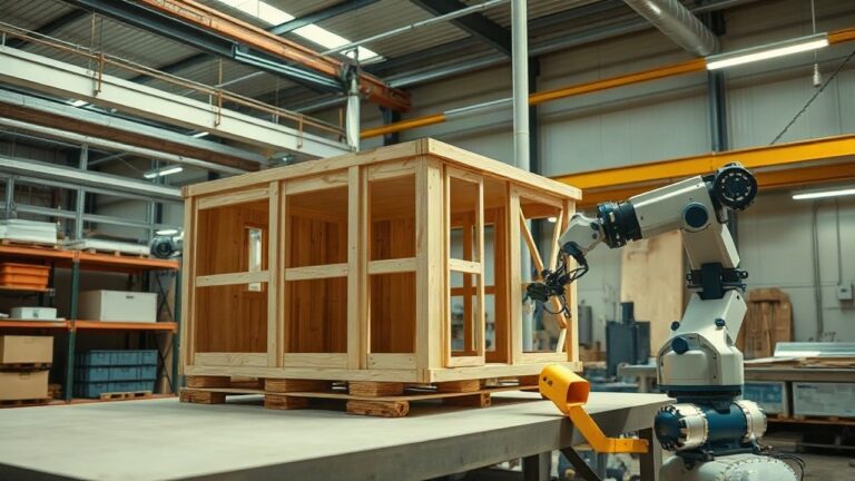 A construction site robotics workshop interior, a large modular wooden building component on a workbench, a mobile construction robot with a gripper arm nearby, soft overhead indus – Symbolbild, KI-erzeugt