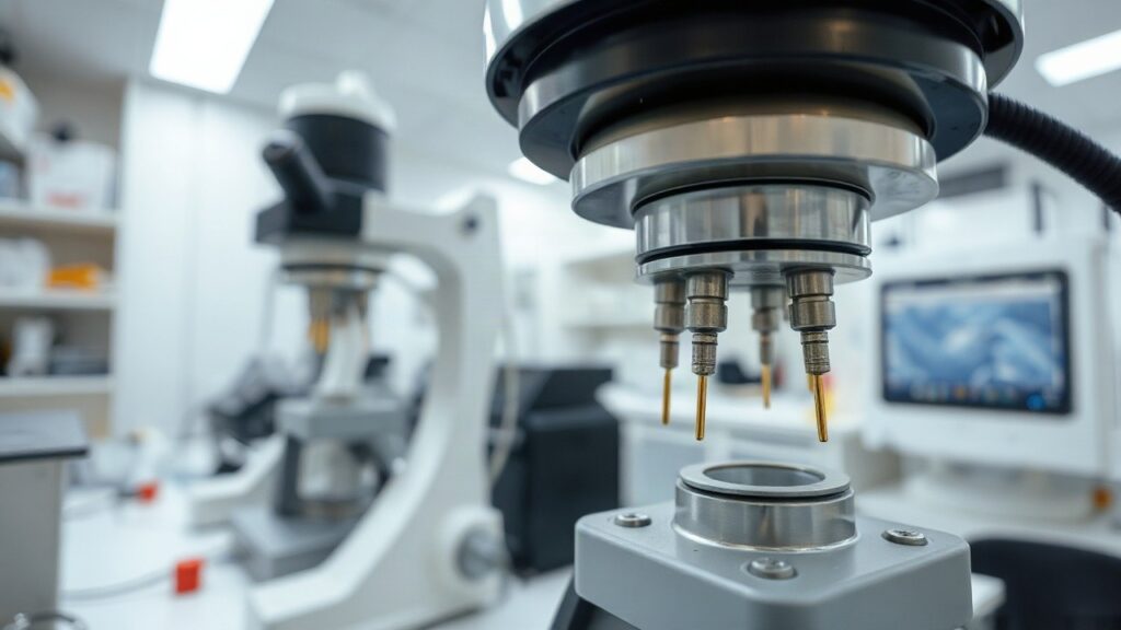 Ein Laboraufbau mit feinen Goldspitzen-Elektroden zeigt die Umgebung, in der Forscher die molekulare Maschine entwickelt haben – Symbolbild, KI-erzeugt