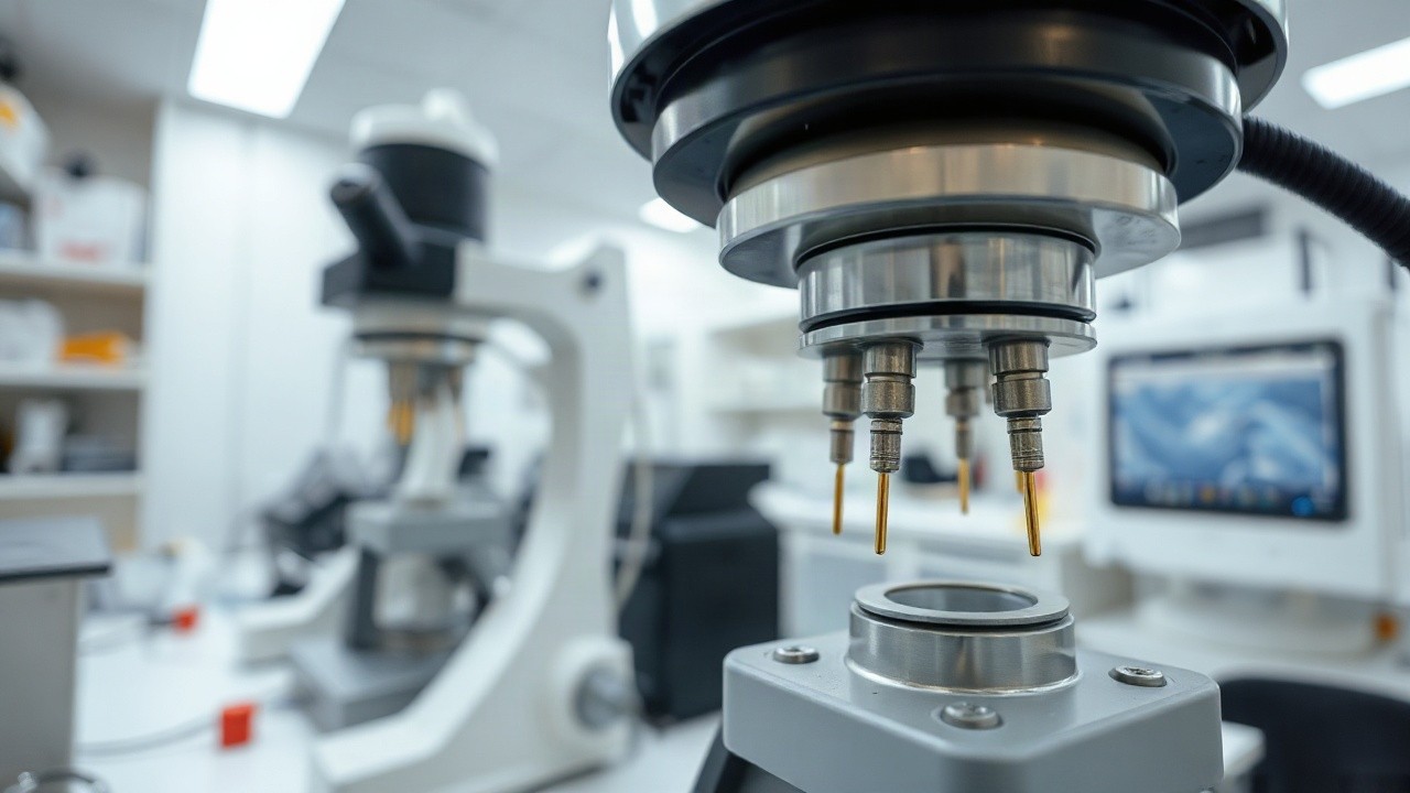 Ein Laboraufbau mit feinen Goldspitzen-Elektroden zeigt die Umgebung, in der Forscher die molekulare Maschine entwickelt haben – Symbolbild, KI-erzeugt