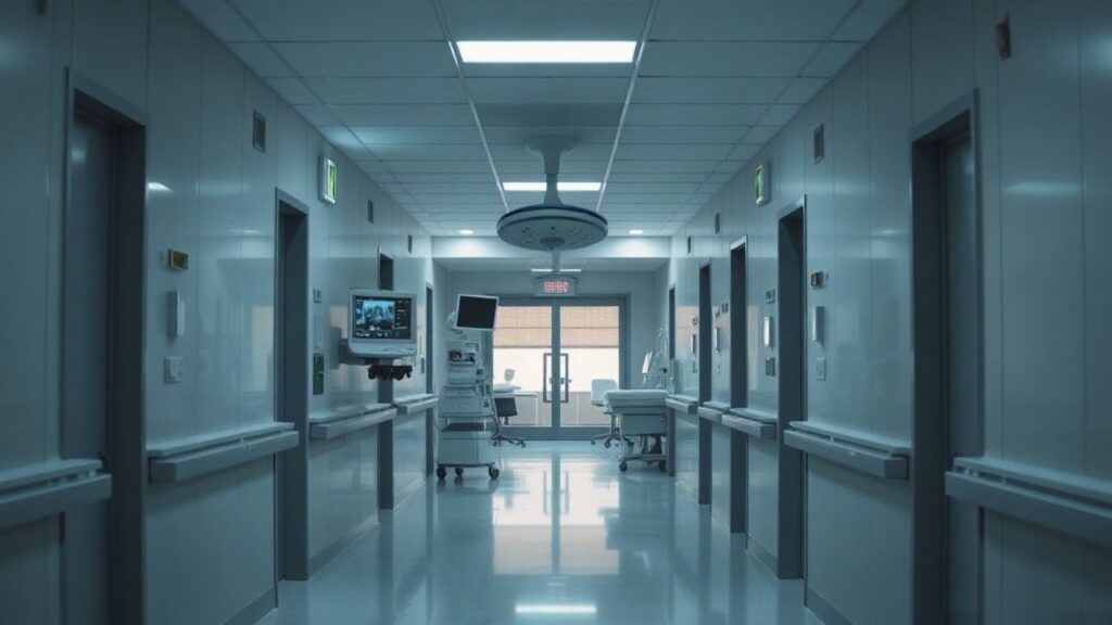 Ein ruhiger Klinikflur mit Blick auf einen Operationssaal symbolisiert den Wechsel in der Klinikleitung Anästhesiologie am Universitätsklinikum Dresden – Symbolbild, KI-erzeugt