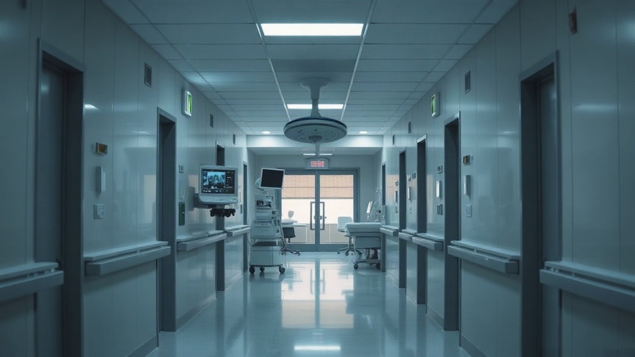 Ein ruhiger Klinikflur mit Blick auf einen Operationssaal symbolisiert den Wechsel in der Klinikleitung Anästhesiologie am Universitätsklinikum Dresden – Symbolbild, KI-erzeugt