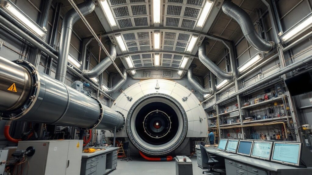 Testanlage für eine Sicherheitsinnovation mit metallischen Rohrsystemen und Messgeräten in einer Forschungshalle – Symbolbild, KI-erzeugt