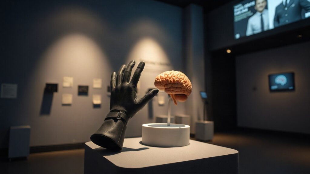 Ein Datenhandschuh und ein 3D-gedrucktes Gehirnmodell stehen in einem Museumsraum, Teil der Ausstellung zur Körpergefühl-Forschung – Symbolbild, KI-erzeugt