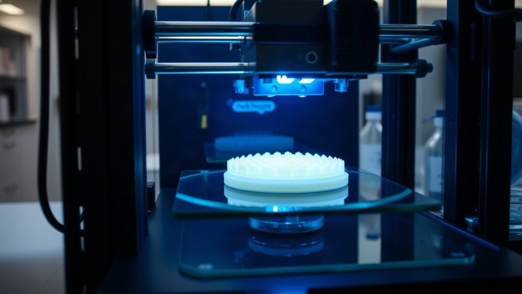 Ein 3D-Biodrucker stellt im Labor eine Gewebestruktur her, ein Motiv zur Medizin der Zukunft – Symbolbild, KI-erzeugt