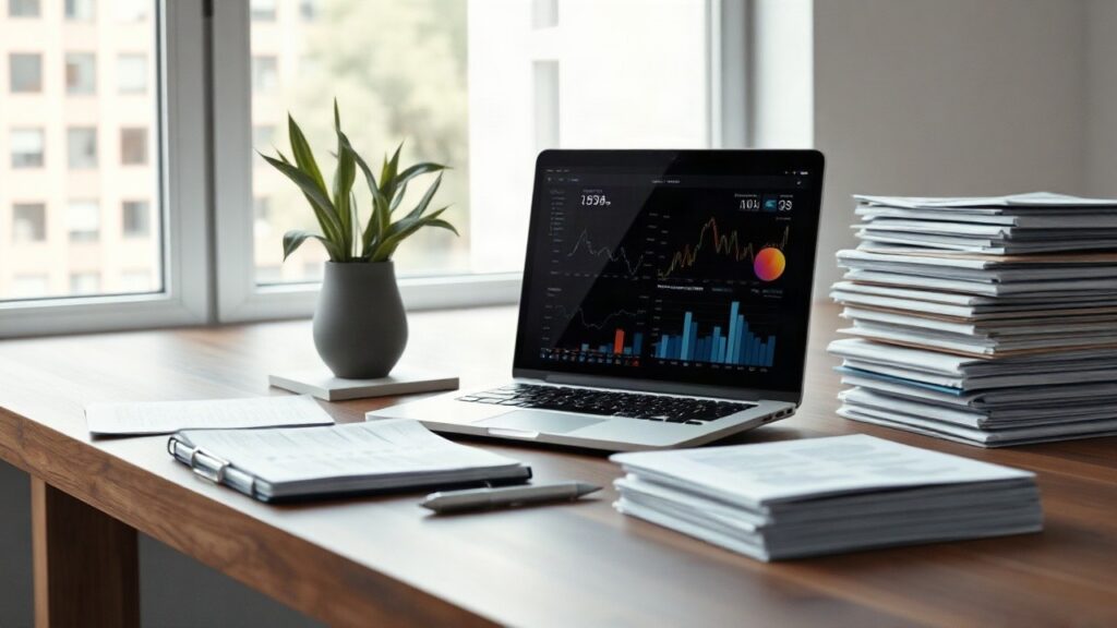 Ein aufgeräumter Schreibtisch mit Laptop und juristischen Unterlagen symbolisiert das KI-Jura-Startup Grubel – Symbolbild, KI-erzeugt