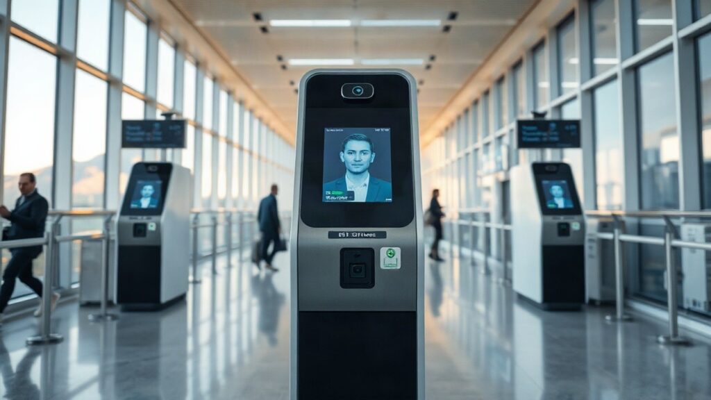 A modern airport biometric self-service gate with a facial recognition camera and digital screen, close-up, empty corridor, soft morning light through large windows, no visible fac – Symbolbild, KI-erzeugt