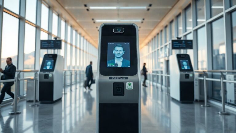 A modern airport biometric self-service gate with a facial recognition camera and digital screen, close-up, empty corridor, soft morning light through large windows, no visible fac – Symbolbild, KI-erzeugt