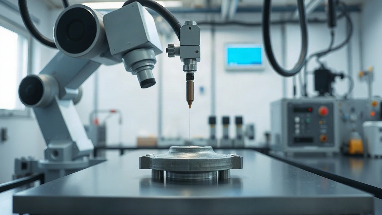 Ein Roboterarm führt in einem Labor einen gezielten elektrochemischen Strahl zur präzisen Oberflächenmodifizierung über ein Metallbauteil – Symbolbild, KI-erzeugt