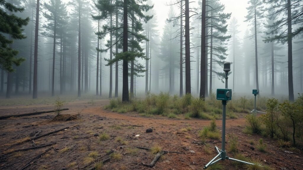Ein nebliger Fichtenwald mit Forschungsgeräten am Boden symbolisiert die Biodiversität Forschung der TU München – Symbolbild, KI-erzeugt