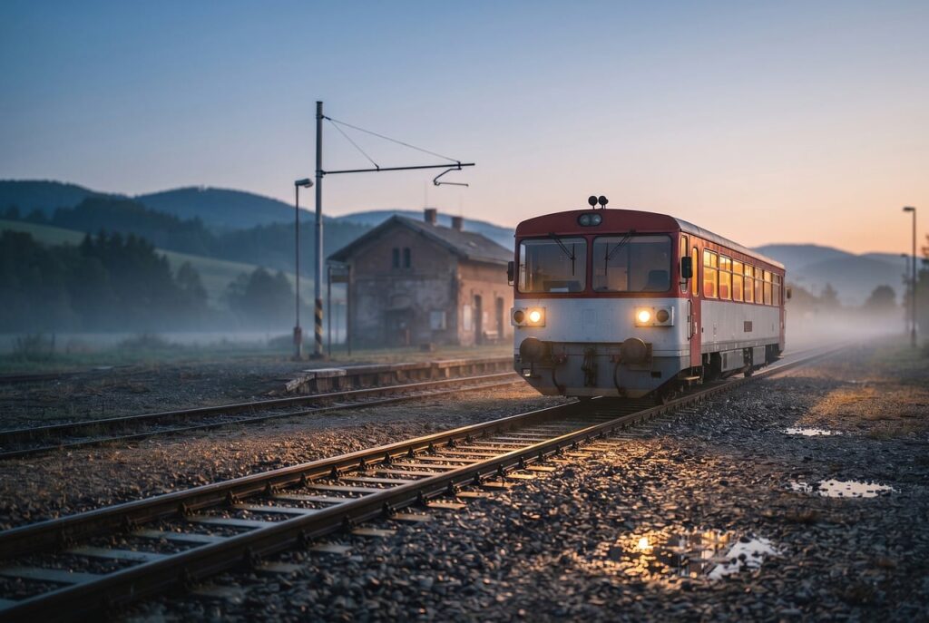 Ein ländlicher Bahnhof mit Bushaltestelle symbolisiert die geförderten Mobilitätsprojekte des Bundes – Foto: 11040735 / Pixabay