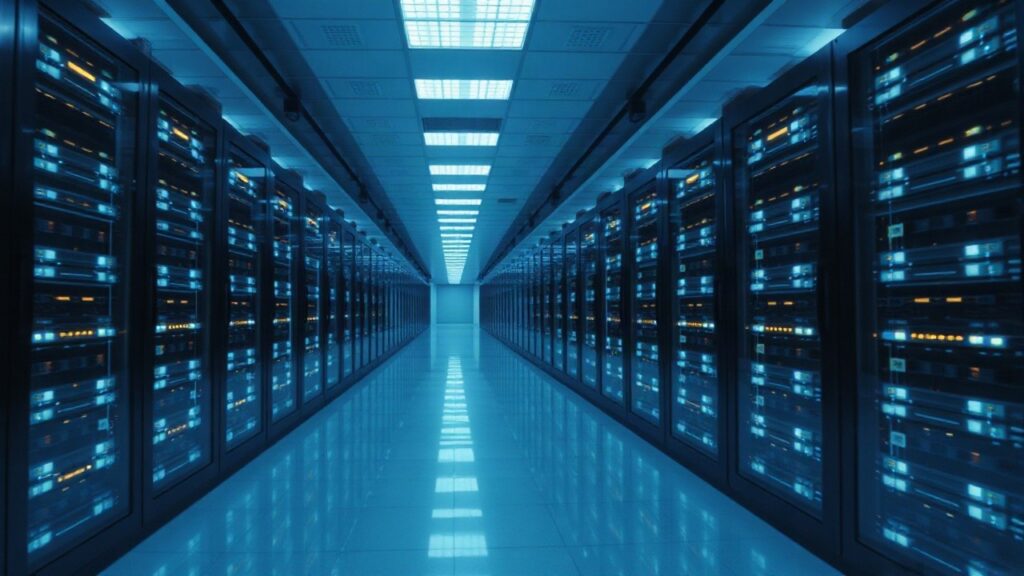 Ein Serverraum mit beleuchteten Rechnerreihen symbolisiert die Infrastruktur hinter der einen Milliarde Nutzer von ChatGPT – Symbolbild, KI-erzeugt