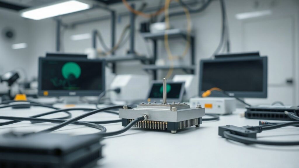 Ein Ionenfallen-Chip-Prototyp im Labor steht sinnbildlich für die Idee von Sebastian Weidt, Quantencomputer bei Raumtemperatur zu betreiben – Symbolbild, KI-erzeugt