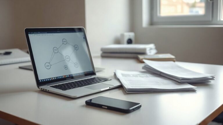Ein Forschungsschreibtisch mit Laptop und Unterlagen symbolisiert die Arbeit an digitaler Identität in der Wissenschaft – Symbolbild, KI-erzeugt
