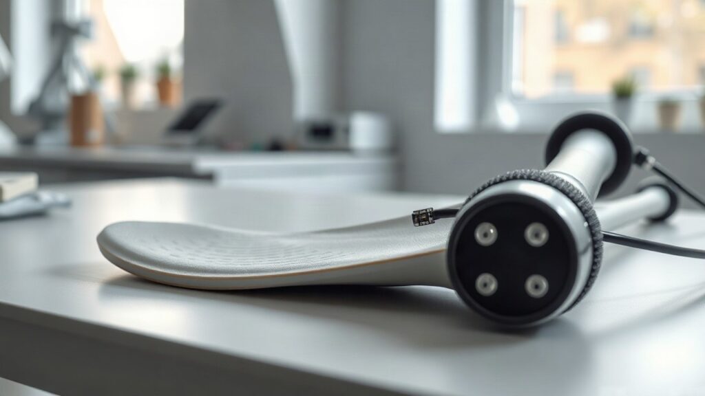 Prototyp einer smarten Einlegesohle mit Sensorik für die Fußgesundheit smart liegt auf einem Labortisch neben einer vernetzten Gehhilfe – Symbolbild, KI-erzeugt