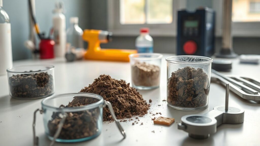A laboratory workbench with soil and construction debris samples in clear containers, a mortar mixture with clay minerals being tested, scientific measuring tools nearby, soft dayl – Symbolbild, KI-erzeugt