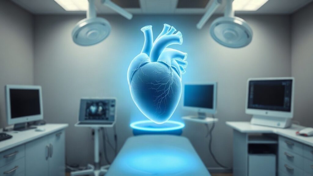 Ein schwebendes 3D-Hologramm eines Herzens über einem Katheterlabor-Tisch veranschaulicht die neue Holografie-Technik bei der Diagnose eines Kinderherzens – Symbolbild, KI-erzeugt