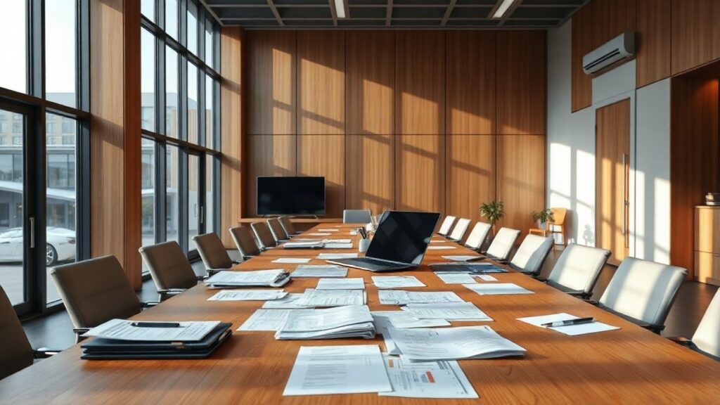 A modern research institute meeting room with a long wooden table, scattered printed documents and an open laptop, large windows letting in soft morning light, no visible people, w – Symbolbild, KI-erzeugt
