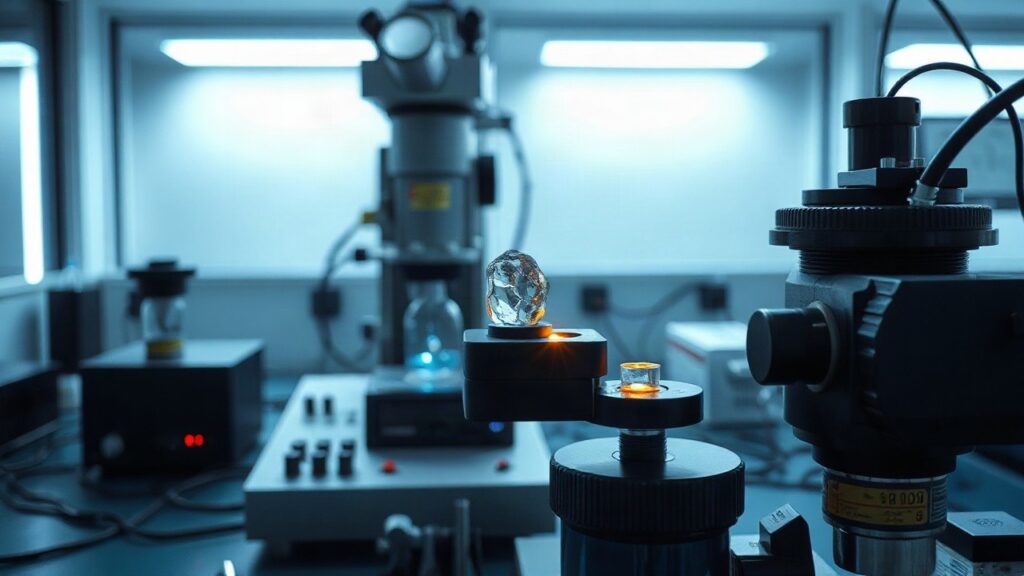 Laboraufbau mit Laseroptik, wie er bei der Entwicklung einer Atomkernuhr auf Thorium-Basis zum Einsatz kommt – Symbolbild, KI-erzeugt