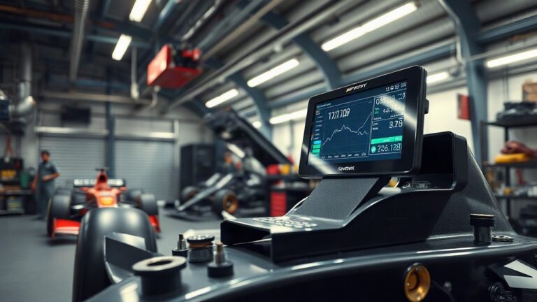 A modern Formula 1 engineering workshop interior, close-up of a car telemetry data screen on a workbench, tools and carbon-fibre parts nearby, cool industrial lighting, no people v – Symbolbild, KI-erzeugt