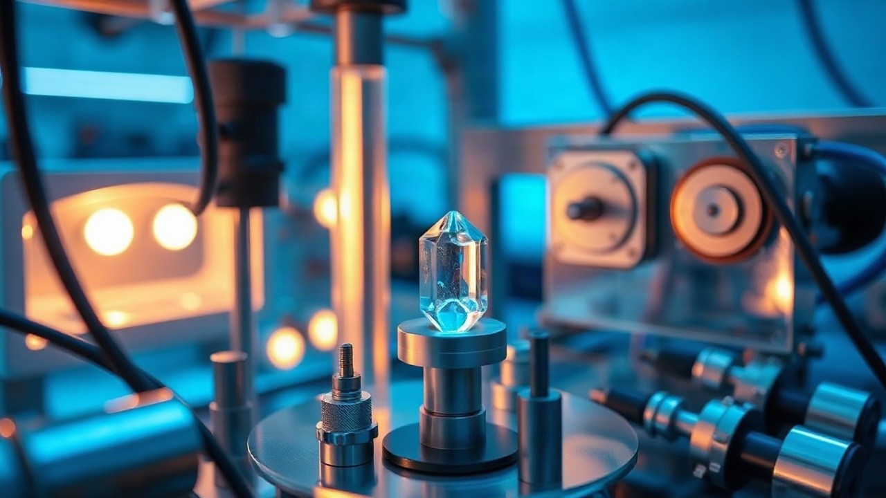 Laboraufbau mit einem Kristall in einer Vakuumkammer, wie er für eine präzise Atomkernuhr verwendet wird – Symbolbild, KI-erzeugt