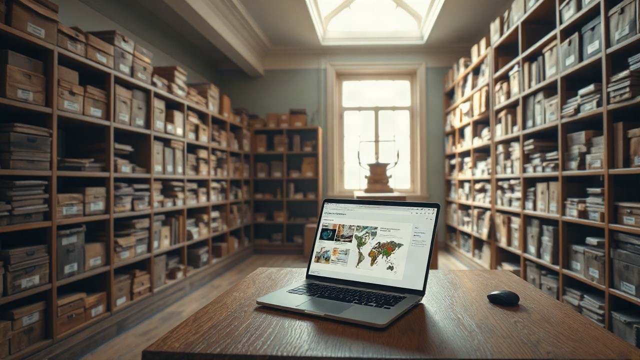 Ein Archivraum im Museum mit Sammlungsobjekten und einem Laptop symbolisiert die KI-Museum-Studie zur digitalen Sammlungserschließung – Symbolbild, KI-erzeugt