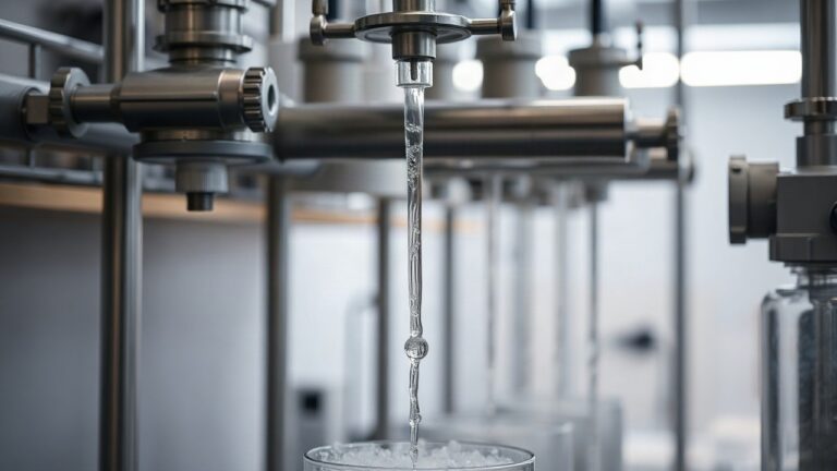 A close-up of a laboratory water treatment setup: a thin glass or steel column reactor with water trickling down over packing material, bubbles rising, stainless steel pipes and va – Symbolbild, KI-erzeugt