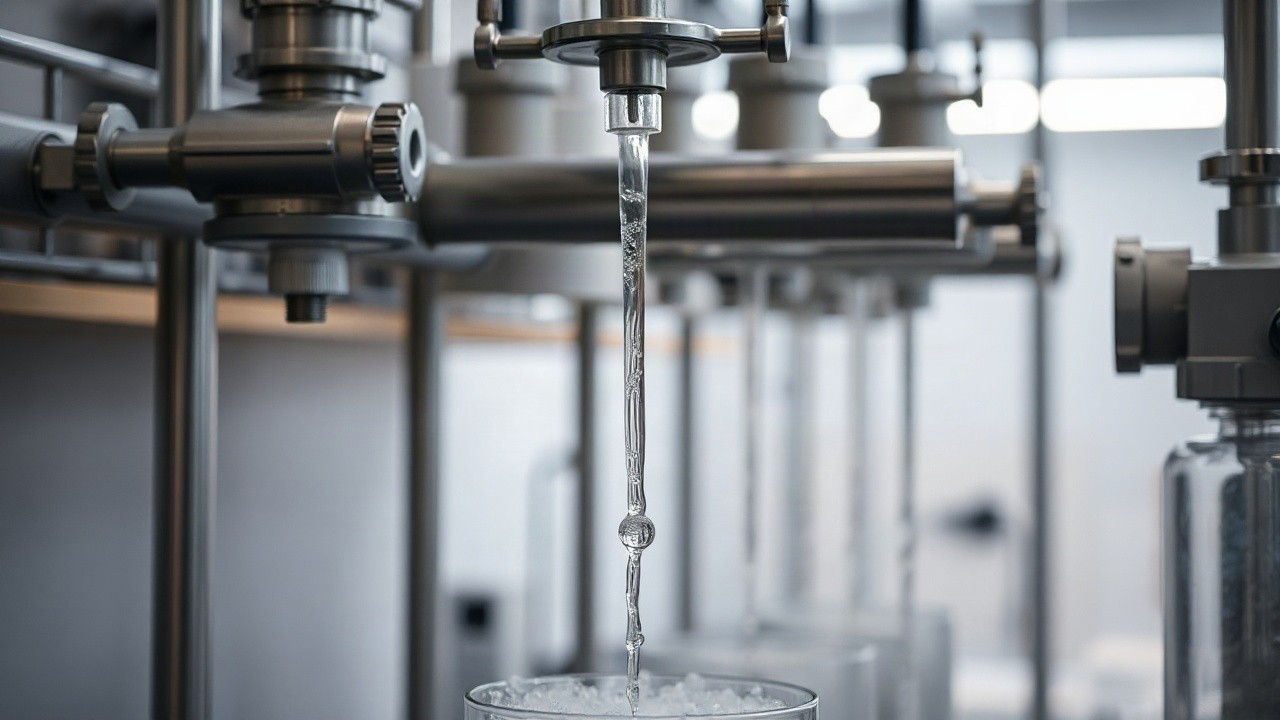 A close-up of a laboratory water treatment setup: a thin glass or steel column reactor with water trickling down over packing material, bubbles rising, stainless steel pipes and va – Symbolbild, KI-erzeugt