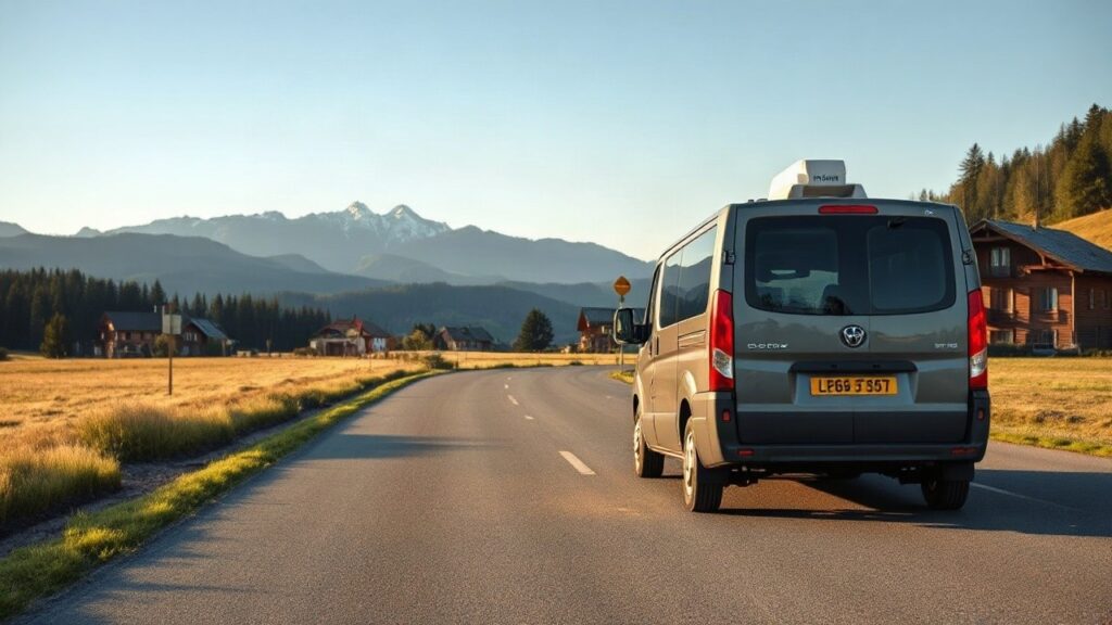 Ein elektrisches Shuttle-Fahrzeug steht auf einer ländlichen Straße in Vorarlberg, wie es das vioom Startup für kombinierte Personen- und Warentransporte einsetzen will – Symbolbild, KI-erzeugt