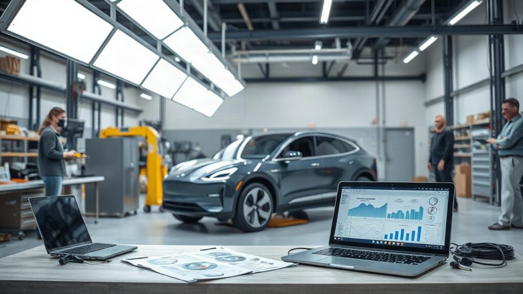 Werkstattszene mit Elektrofahrzeug-Prototyp, die an den Hintergrund des Audi China Import erinnert – Symbolbild, KI-erzeugt