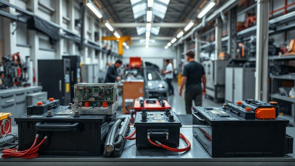 Werkstatt mit Batteriezellen und Elektronikbauteilen symbolisiert die Fertigung hinter dem Wachstum der BYD Mitarbeiter – Symbolbild, KI-erzeugt