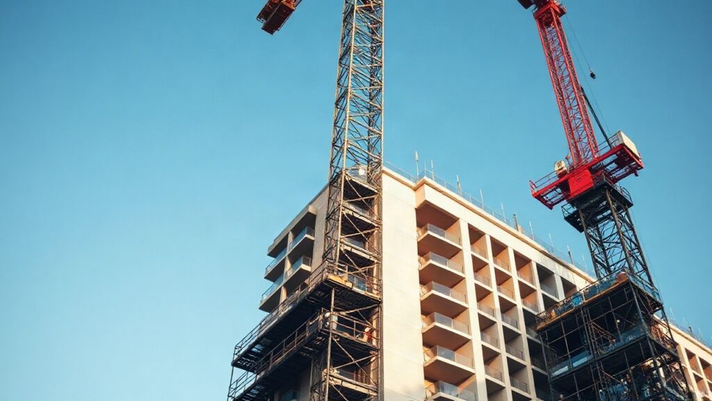 A close-up photograph of a tall tower crane with an internal climbing mechanism next to a construction hoist on a high-rise building site, steel structure and scaffolding visible, – Symbolbild, KI-erzeugt