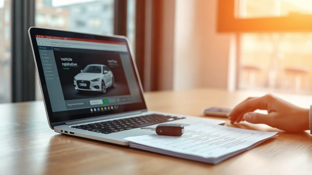 Ein Laptop mit Dashboard zeigt den Fortschritt einer digitalen Kfz-Zulassung neben Fahrzeugdokumenten auf einem Schreibtisch – Symbolbild, KI-erzeugt